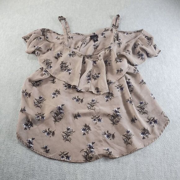 Torrid Blouse Top Womens 1 Brown Floral Ruffle Cold Shoulder Sleeve Scoop Neck - Picture 1 of 12
